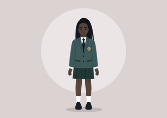 A female pupil dressed in a colorful school uniform isolated on a plain background