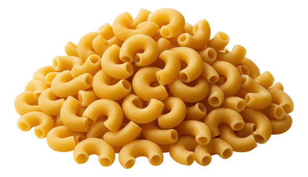 A pile of uncooked elbow macaroni pasta with a smooth texture and curved shape.