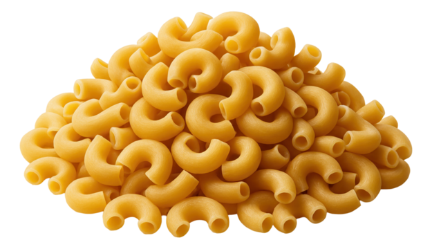 A pile of uncooked elbow macaroni pasta with a smooth texture and curved shape.