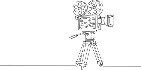 Classic vintage film camera with reels, retro movie equipment, professional video recorder, old cinematic device, tripod-mounted filming tool, analog video gear, studio cinema production illustration.
