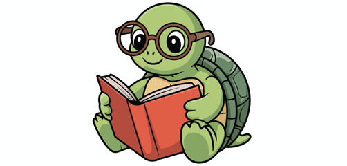Cute Cartoon Turtle Wearing Glasses Reading a Book