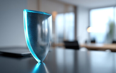 Business liability insurance concept represented by futuristic digital shield on office table symbolizing protection and security in corporate environment