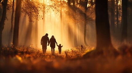 A family walks hand-in-hand through a sunlit autumn forest, surrounded by golden leaves and warm, glowing light.