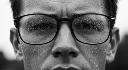 Man with glasses displaying determination with droplets on skin  
