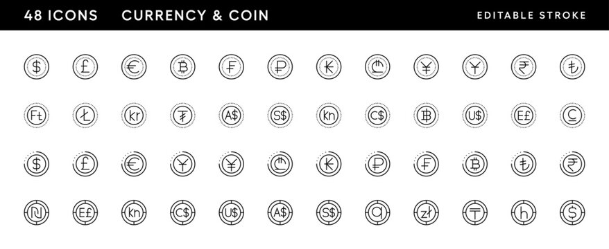 Currency icon collection. Money, coin, dollar, euro, yuan, pound sterling and more. Editable stroke. Pixel Perfect. Grid base 32 x 32.
