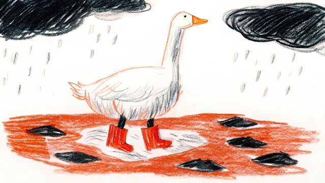 A goose wearing red boots stands in a puddle under dark clouds and rain drawing