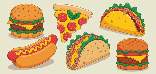 Cartoon Fast Food Illustration Set Burgers, Pizza, Tacos, Hot Dog