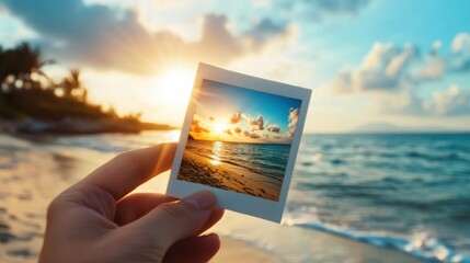 A hand holds a photo of a vibrant beach sunset, matching the real seascape in the background under a colorful, dramatic sky.