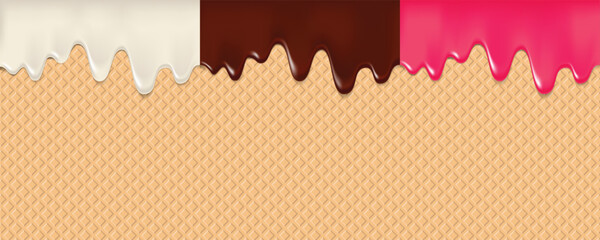 3d vanilla strawberry chocolate flavor melted dripping ice cream with wafer background. Vector illustration