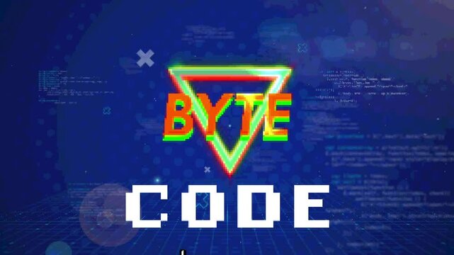 UI elements filling loading bar on grid, expanding neon BYTE triangle, clicking CODE with cursor