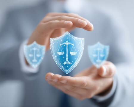 Business liability insurance concept with digital shield and scales symbol held by hands representing protection and legal security in business environment