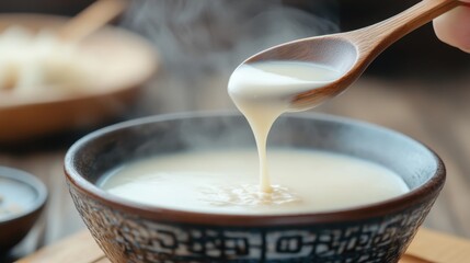 A steaming bowl of creamy soup is being served with a wooden spoon in a patterned bowl.