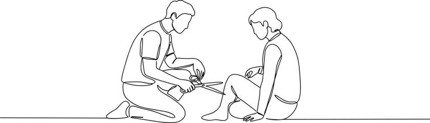 Man giving first aid to injured woman, bandaging wound, emergency help, medical support, accident assistance, healthcare service, line art, minimal design, black white illustration.
