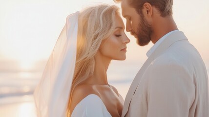 Romantic newlywed couple embracing on a connection at sunset, savoring an intimate beach filled with love and moment