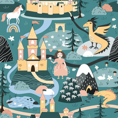 Princess kingdom seamless pattern with fairy hills, castle, dragon, and unicorn. Vector seamless Scandinavian pattern, adorable textile design for children.
