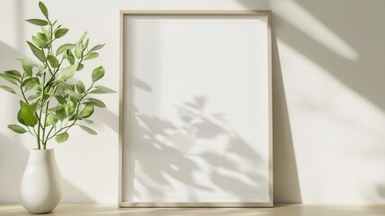 Minimalist vase design with white empty frame mockup, golden plant in white on interior table, shadows on wall