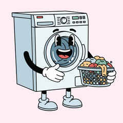 Expressive cartoon washing machine character smiling holding laundry