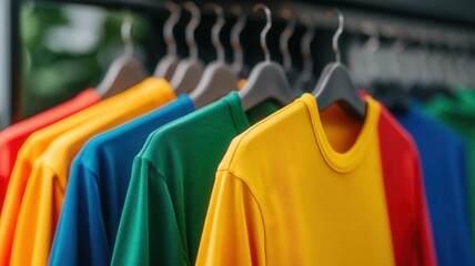 Obraz premium Rainbow colored sportswear shirts hanging on hangers display in a retail store, creating a vibrant and appealing wooden