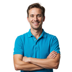 Smiling man in blue polo shirt isolated on transparent background