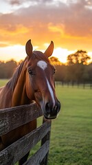 Obraz premium A brown horse at sunrise, gazing over a wooden fence