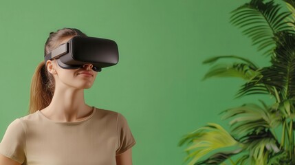 Young woman using VR headset in minimalistic room, green screen background, seamless integration, futuristic technology
