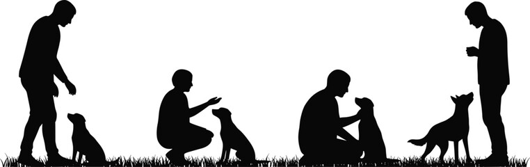 Silhouette of people training dogs, outdoor obedience session, pet care, communication, bonding, canine behavior, black white vector illustration, dog training concept, grass background scene.