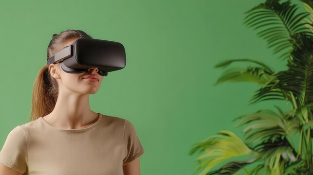 Young woman using VR headset in minimalistic room, green screen background, seamless integration, futuristic technology