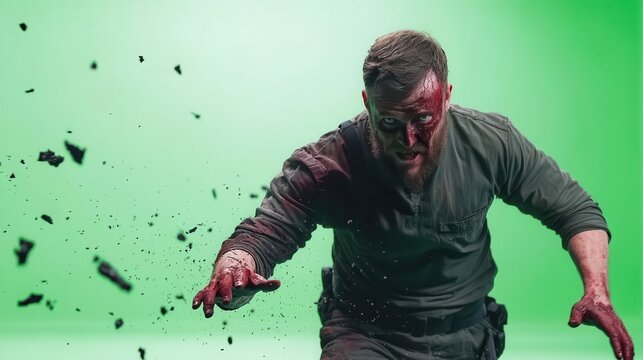 Zombie actor in motion capture suit on green screen stage, special effects filmmaking process