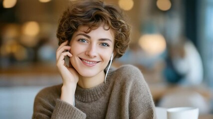 Cheerful woman in cafe enjoying phone call with earphones