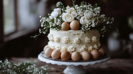 A buttercream cake decorated with spring flowers and eggs