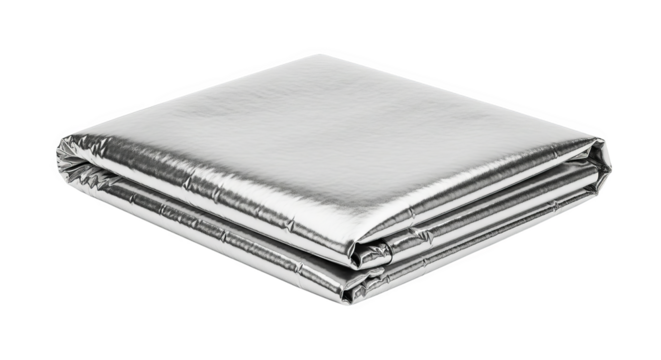 Shiny folded material gleams, reflecting light in a futuristic, minimalist and metallic aesthetic.