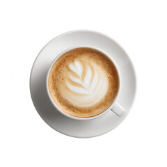 Fototapeta premium A beautifully crafted cup of latte art presented in a white porcelain cup on a matching saucer, showcasing a delicate leaf pattern, perfect for coffee lovers and baristas.
