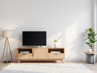 Modern Living Room Interior Mockup with TV Cabinet, Lamp, Table, and Indoor Plants