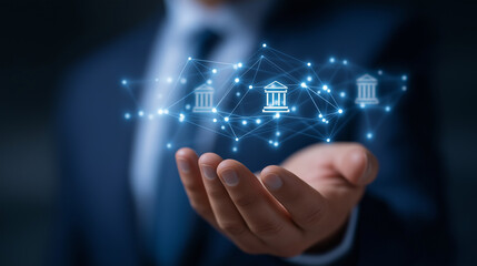 Fototapeta premium Businessman Networking with Banking Icons in Digital Marketing Environment