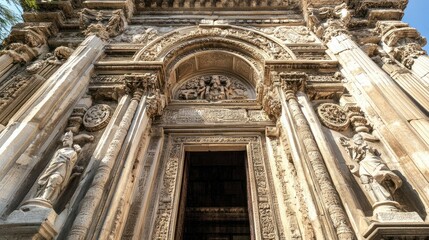 Fototapeta premium Ornate stone doorway of a historical building. Detailed carvings and statues adorn the facade
