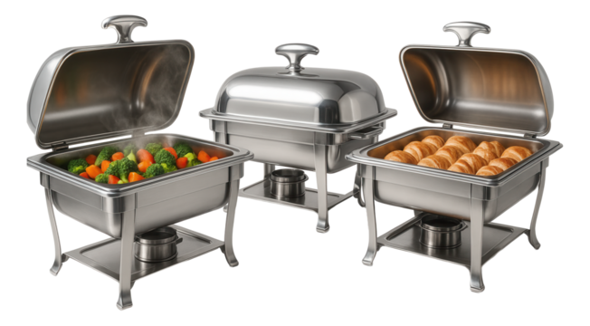 Three stainless steel chafing dishes with lids, one containing steamed vegetables and another filled with croissants.