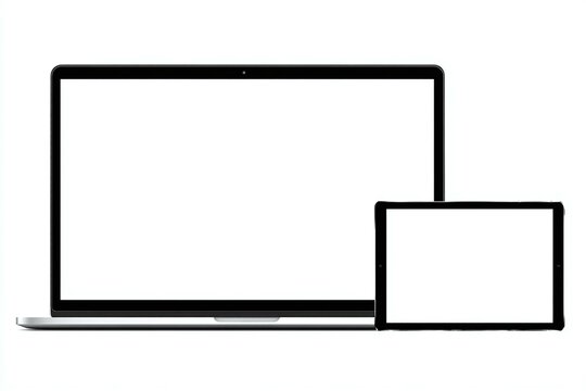 Laptop and tablet devices with blank screens isolated on white background.