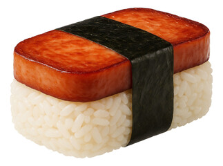 Spam musubi featuring a slice of grilled Spam on rice, wrapped with a strip of dried seaweed.