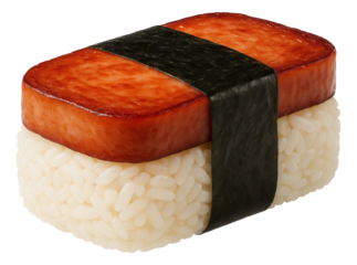 Spam musubi featuring a slice of grilled Spam on rice, wrapped with a strip of dried seaweed.
