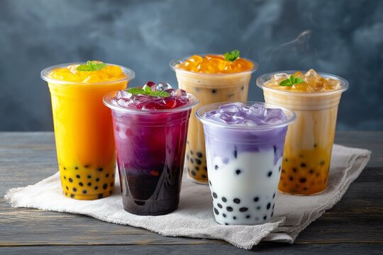 A vibrant collection of bubble teas showcasing diverse colors and textures, perfect for a refreshing experience.