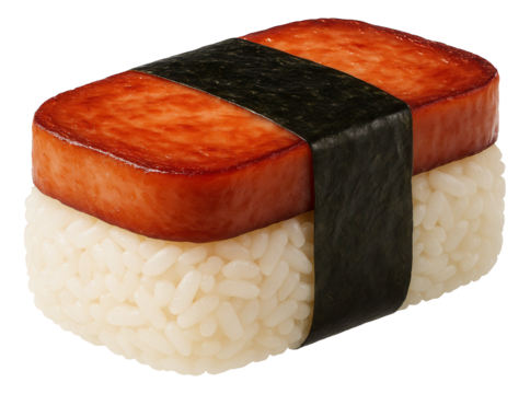 Spam musubi featuring a slice of grilled Spam on rice, wrapped with a strip of dried seaweed.