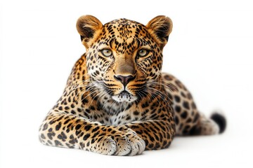 Fototapeta premium A Close-Up View of a Relaxed Male Leopard, Showcasing Its Stunning Coat and Intense Eyes, Set Against a Clean White Background