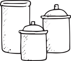 Hand-drawn sketch of three kitchen canisters with lids in minimalist black-and-white line art, perfect for modern kitchen storage, home decor inspiration, and interior design illustration projects