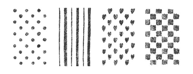 Hand drawn crayon textures vector pattern set. Childish freehand scribble and shapes background. Collection of design elements lines, dots, grid, hearts