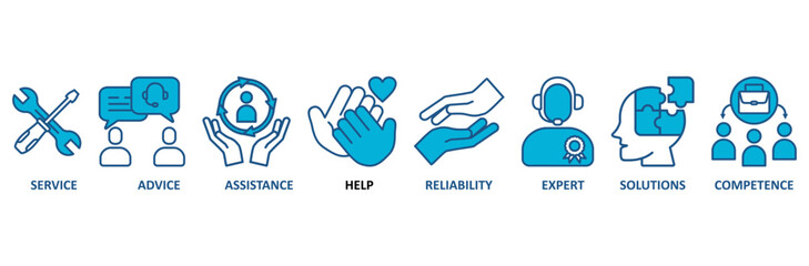 Support banner web icon vector illustration concept with icon of service, advice, assistance, help, reliability, expert, solutions and competence