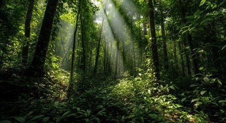 Obraz premium Sunbeams Illuminating a Lush, Tranquil Rainforest Path