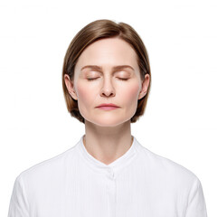 A serene woman with closed eyes, exuding tranquility and mindfulness. The image captures a moment of deep contemplation and inner peace, set against a white isolated background.