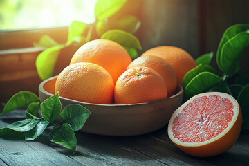 Grapefruits in the bowl and grapefruit slice on the table beside the window
