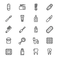 Simple outline icons showcase health, hygiene, medical and personal care products for daily needs