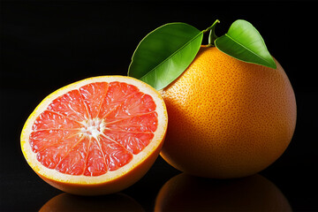 Grapefruit and grapefruit slice on black studio background